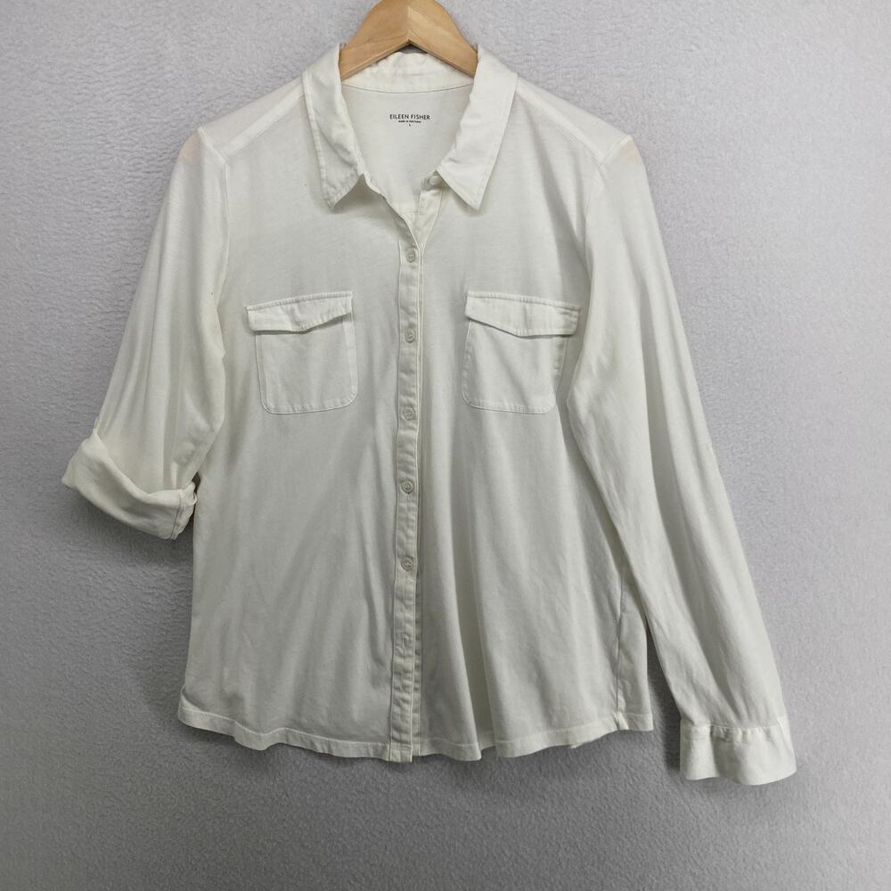 EILEEN FISHER Top L Organic Cotton Jersey Shirt Button Up Roll Tab Sleeve White